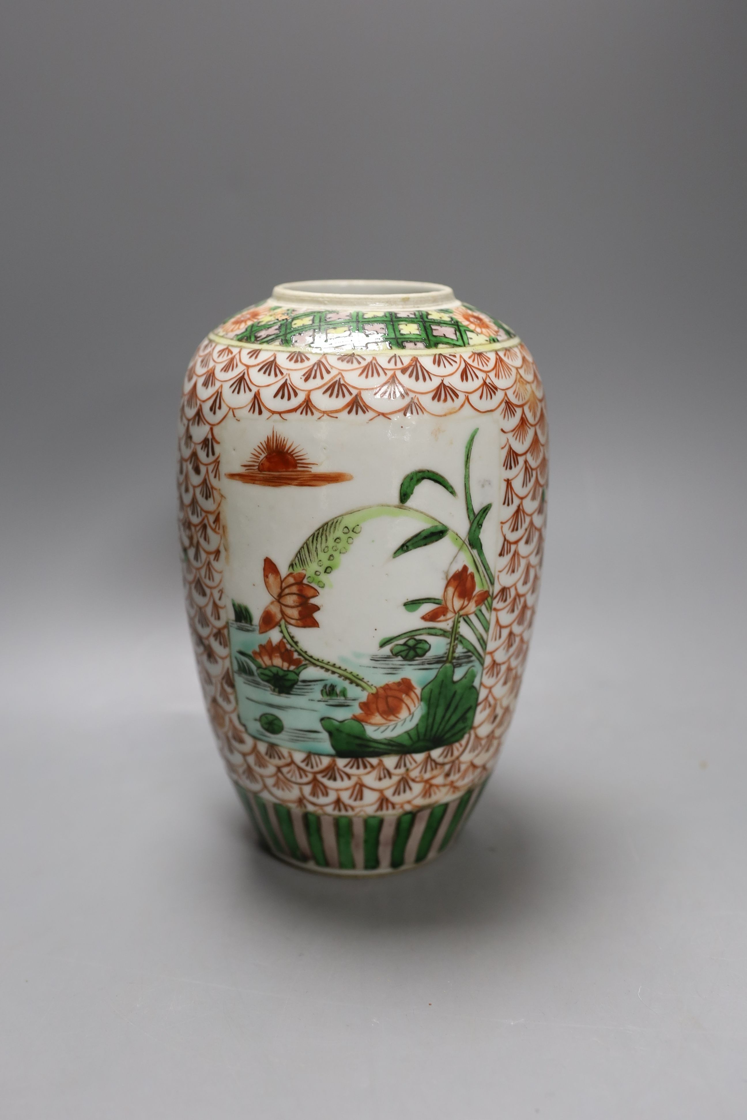 A Chinese famille verte ovoid jar, late 19th century, 19.5cm tall